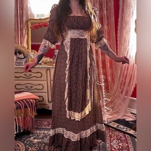 Gunne Sax Brown Floral Lace Trim Maxi Dress